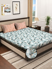 KLOTTHE Day Night Collection Green Floral Cotton 300 TC Fitted Super King Fine Bedsheet with 2 Pillow Covers-106 x 106 inches
