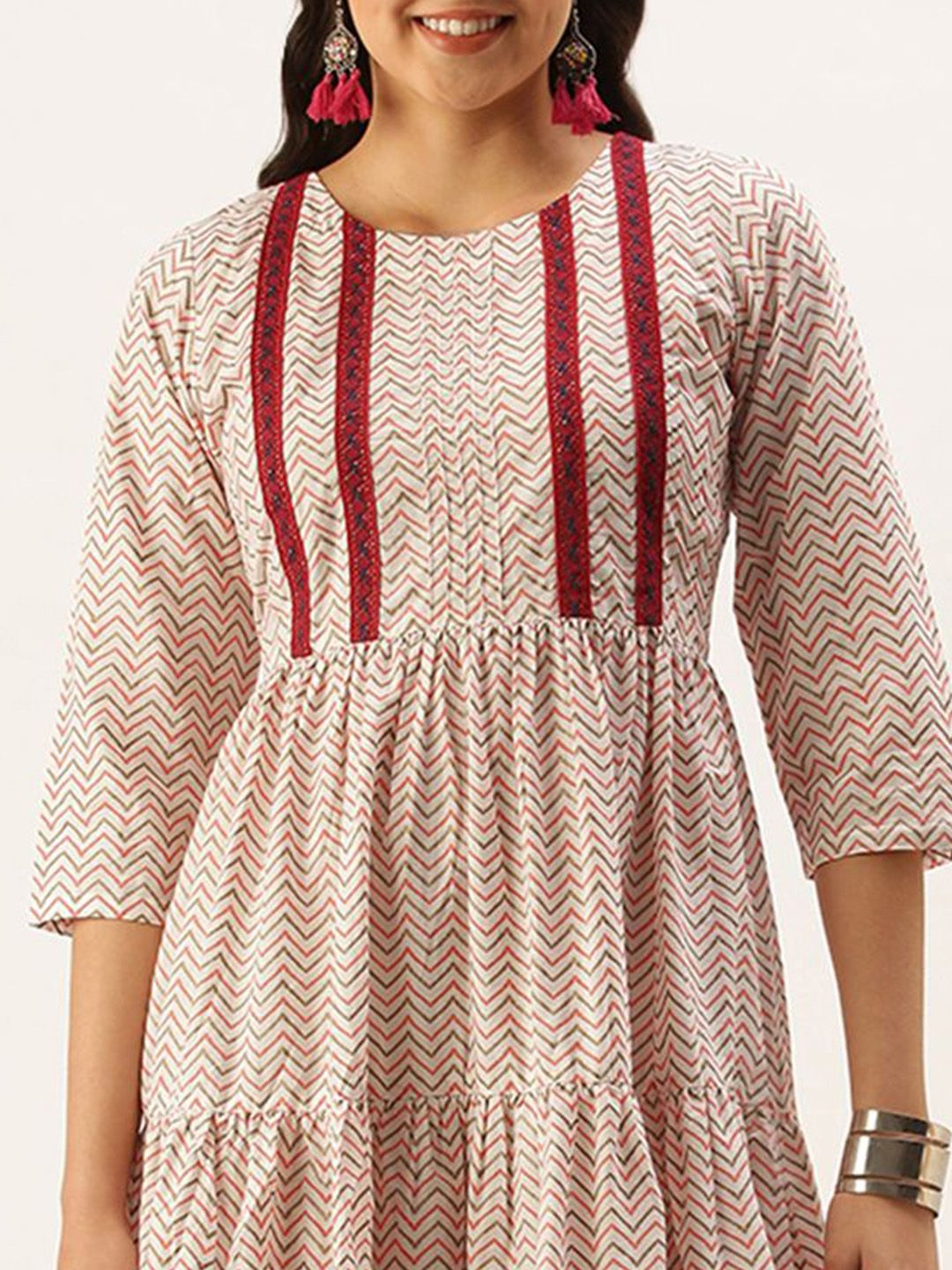 KALINI Chevron Printed Round Neck Midi Cotton Fit and Flare Dress