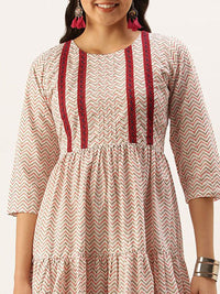KALINI Chevron Printed Round Neck Midi Cotton Fit and Flare Dress