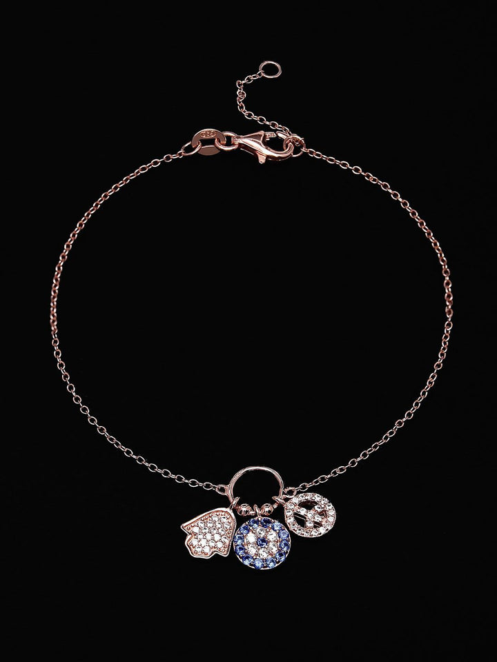 PANASH 925 Sterling Silver Rose Gold-Plated CZ-Studded Charm Bracelet