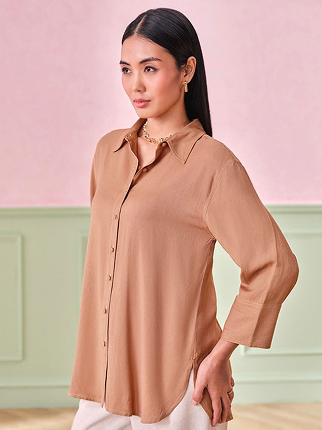 AND Women Solid Shirt Collar Top