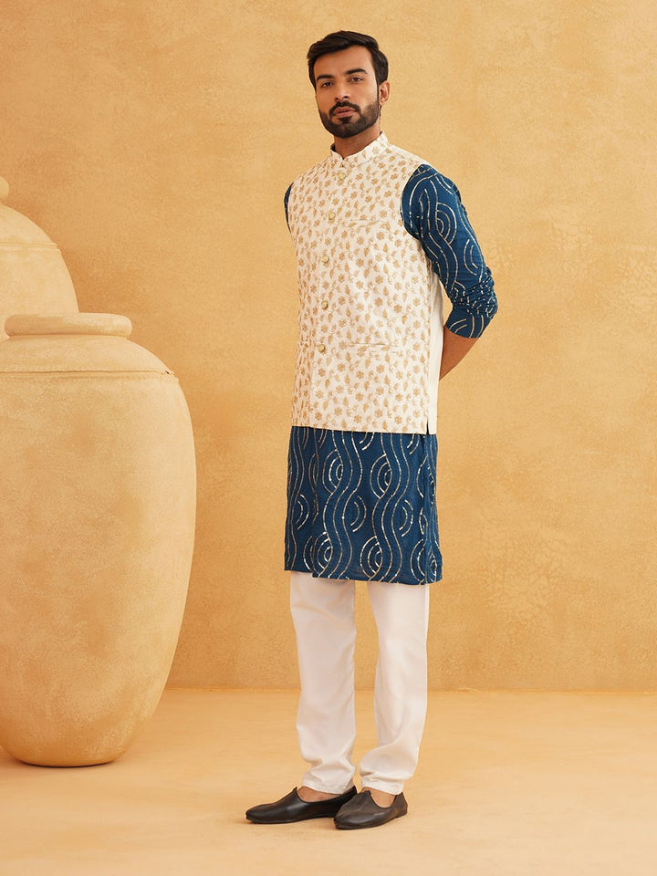 SOJANYA Leheriya Sequinned Band Collar Pure Cotton Kurta With Churidar And Nehru Jacket