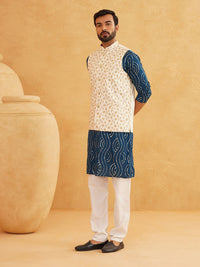 SOJANYA Leheriya Sequinned Band Collar Pure Cotton Kurta With Churidar And Nehru Jacket