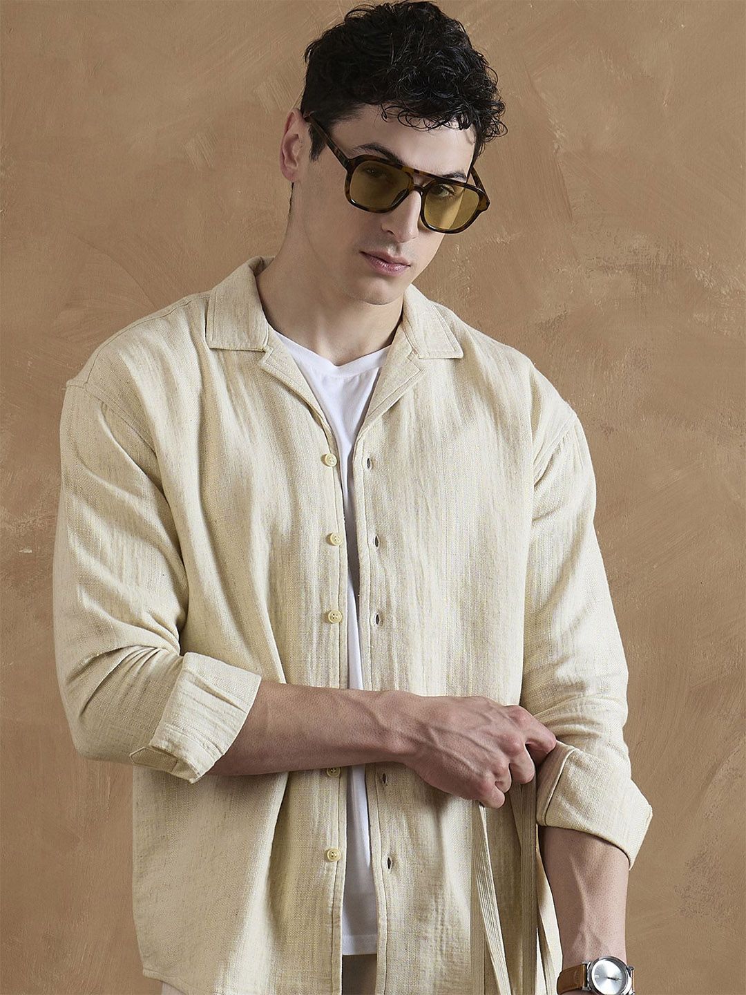 DENNISON Beige Double Gauge Self Design Shirt