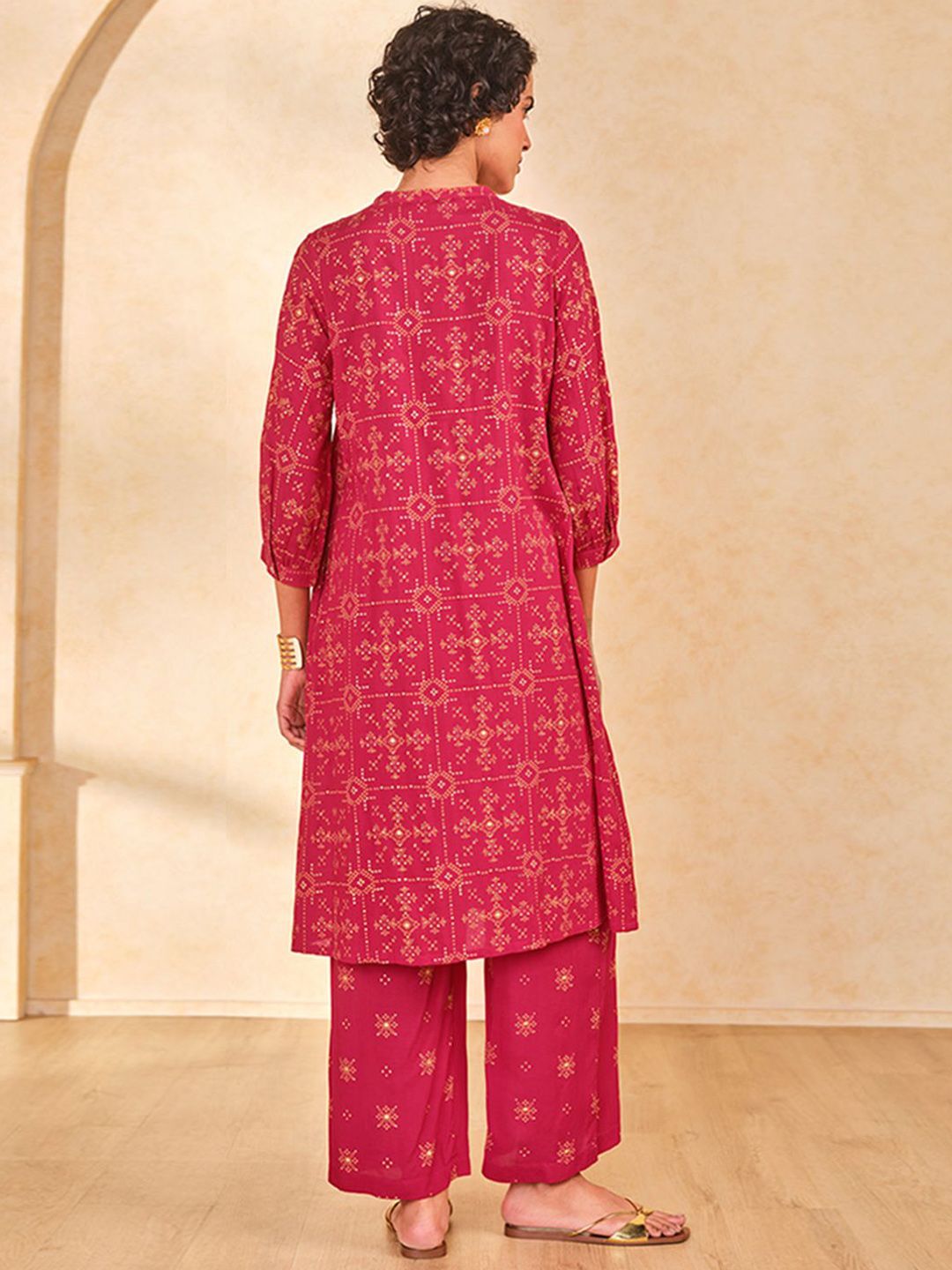 Global Desi Bandhani Printed Mandarin Collar Straight Kurta with Palazzo