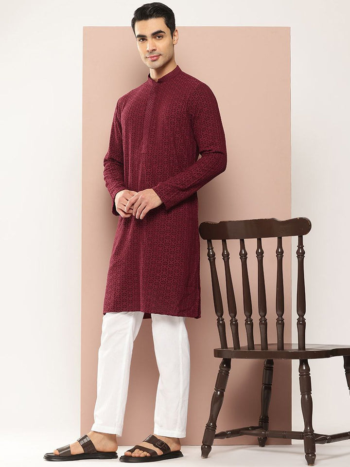 See Designs Geometric Embroidered Mandarin Collar Chikankari Straight Kurta