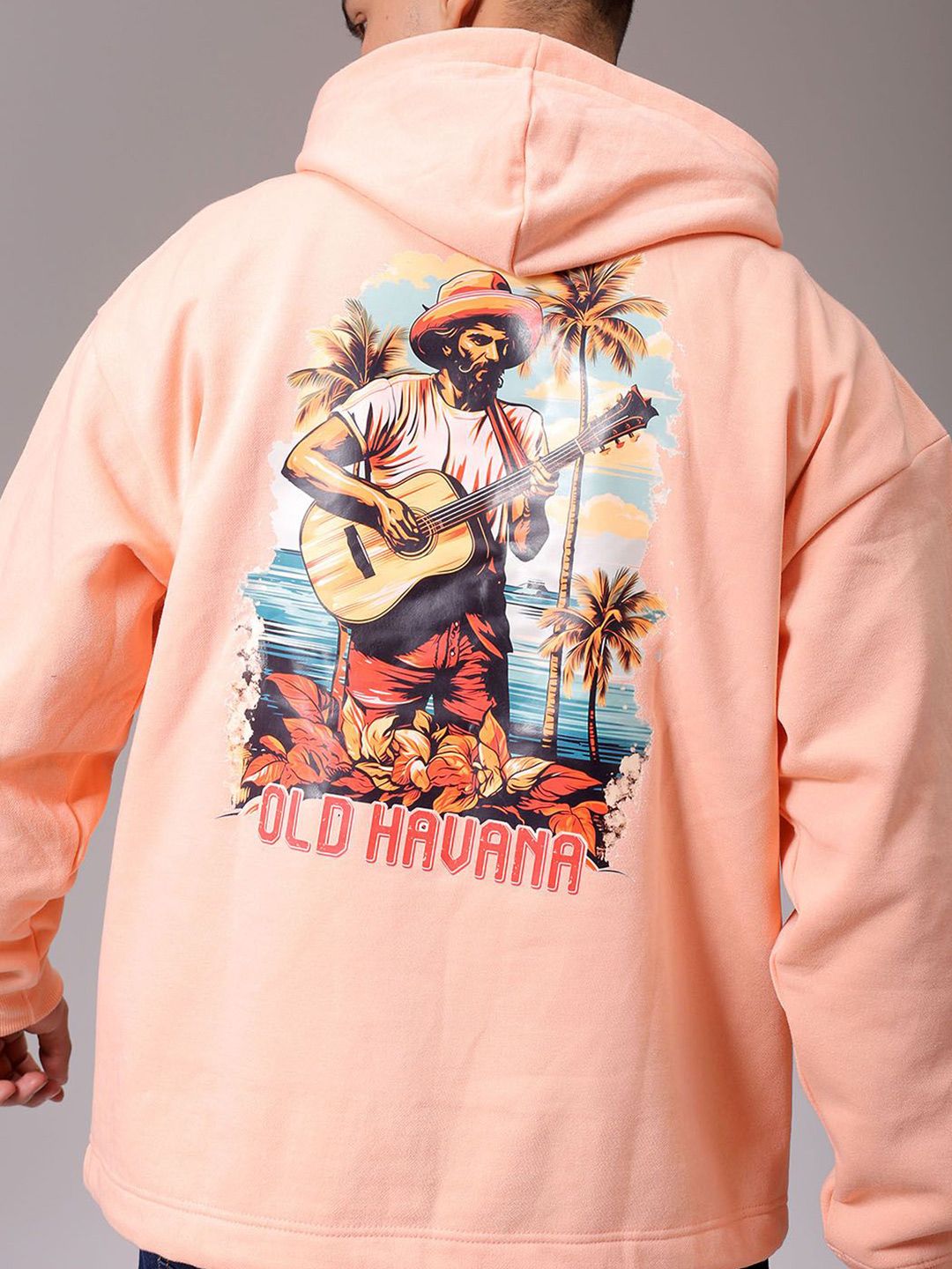 The Indian Garage Co Men Peach Printed Long Sleeves Pullover Hooded Neck Sweatshirt
