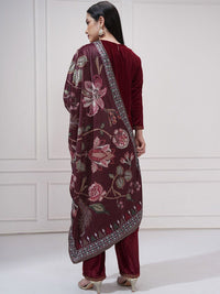 Vishudh Floral Yoke Design Round Neck Thread Work Straight Kurta With Trousers & Dupatta