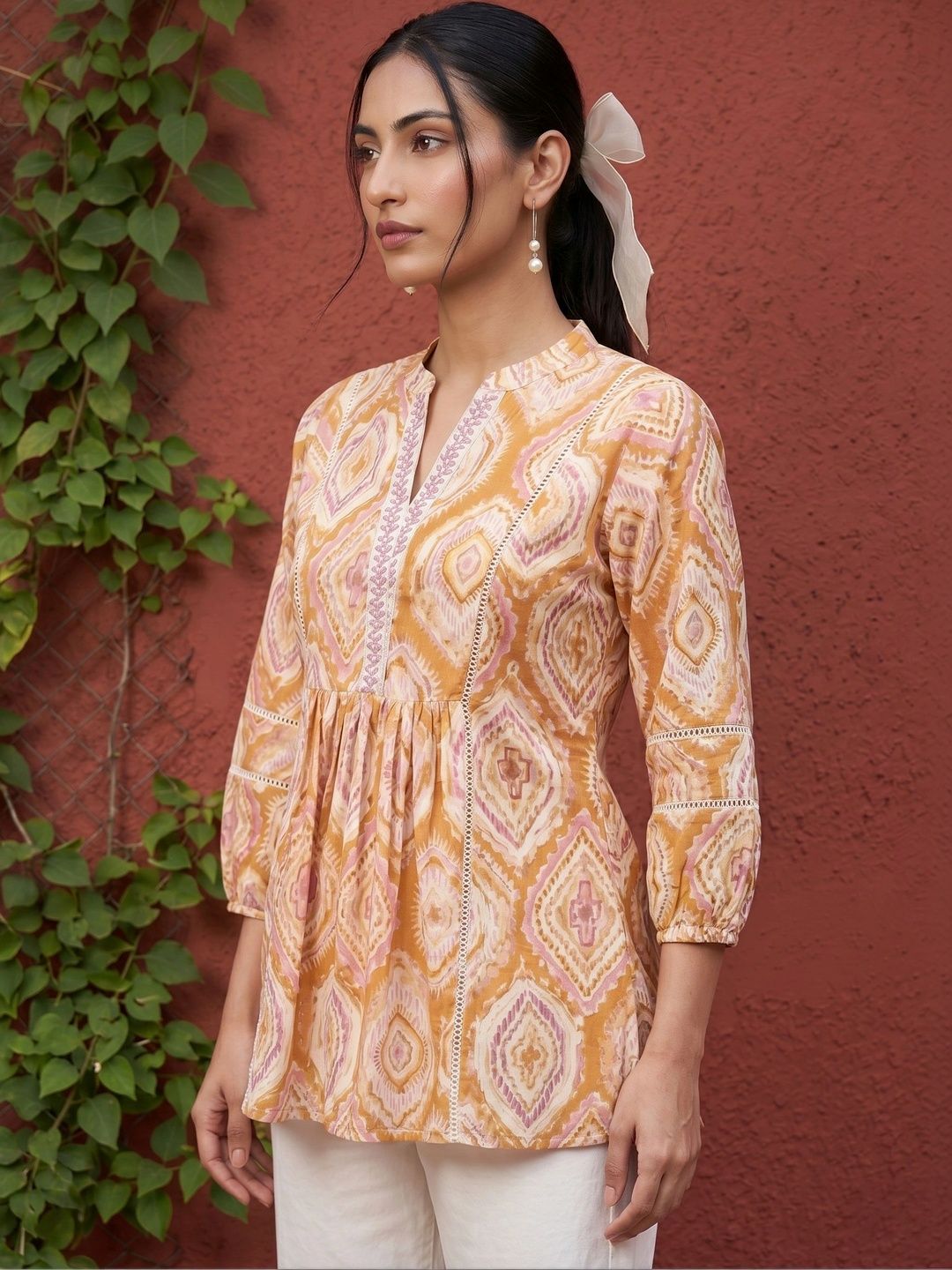 Mamicha Geometric Print Mandarin Collar Bishop Sleeves Cotton Top