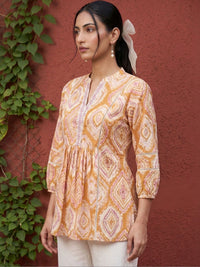 Mamicha Geometric Print Mandarin Collar Bishop Sleeves Cotton Top