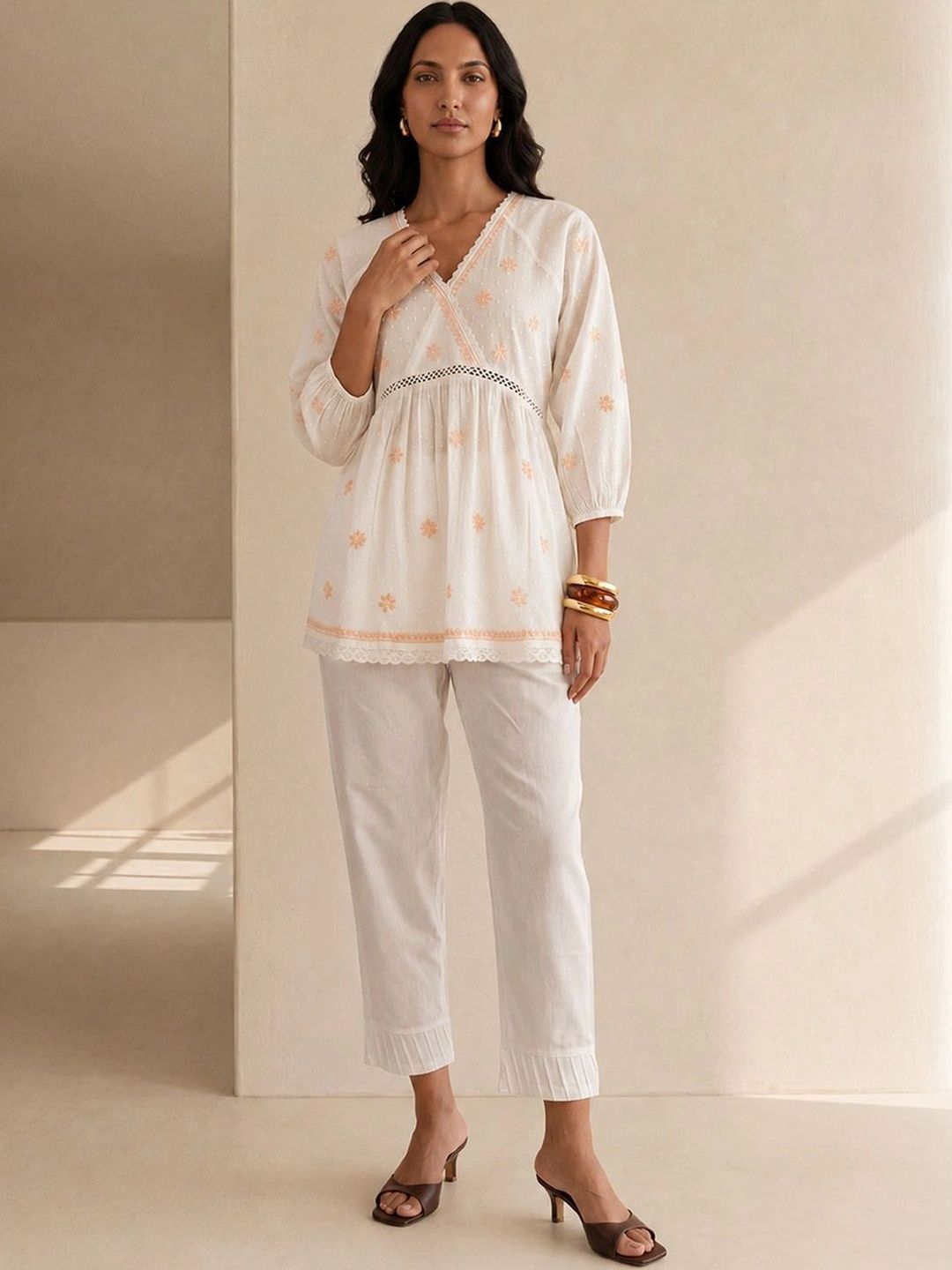 House of Chikankari Floral Embroidered Cotton Wrap Top