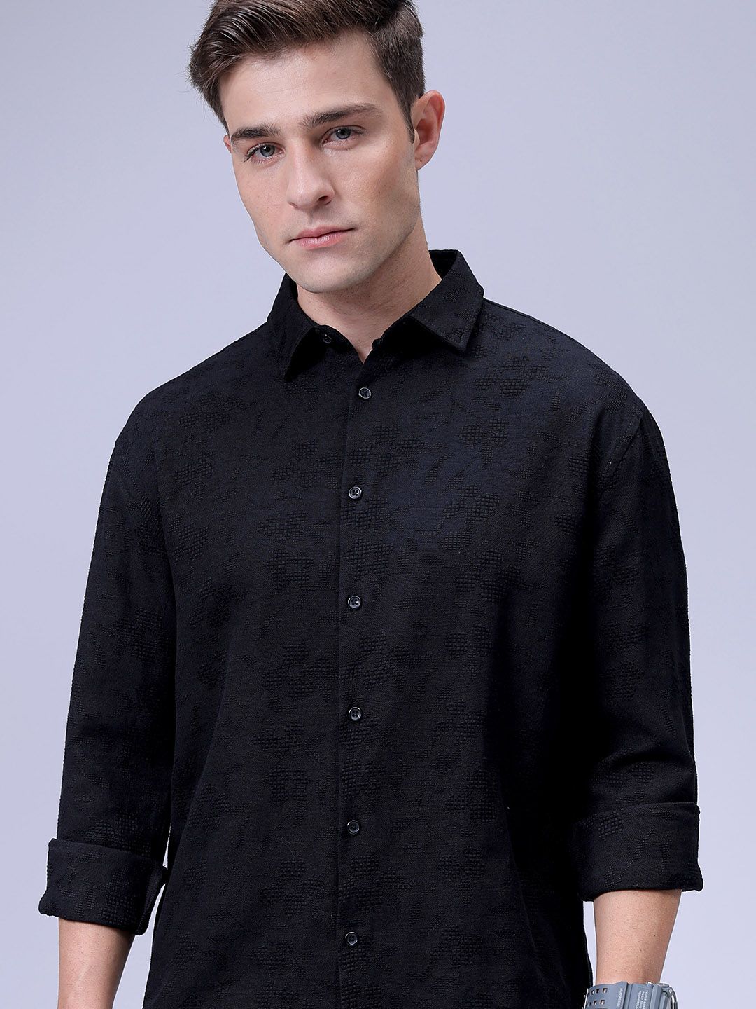 The Indian Garage Co Relaxed Fit Spread Collar Textured Cotton Casual Shirt