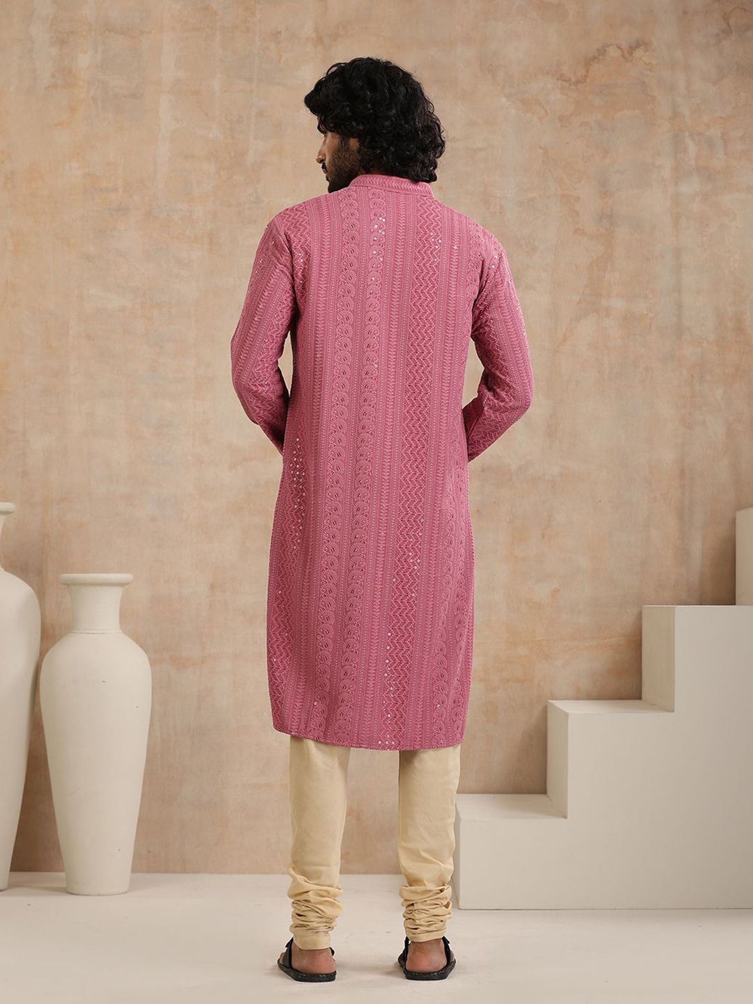 House of Chikankari Men Mauve Rayon Sulam Kurta