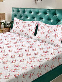 KLOTTHE White Floral Polycotton 300 TC Fitted King Fine Bedsheet dengan 2 Sarung Bantal-98 x 89 inci