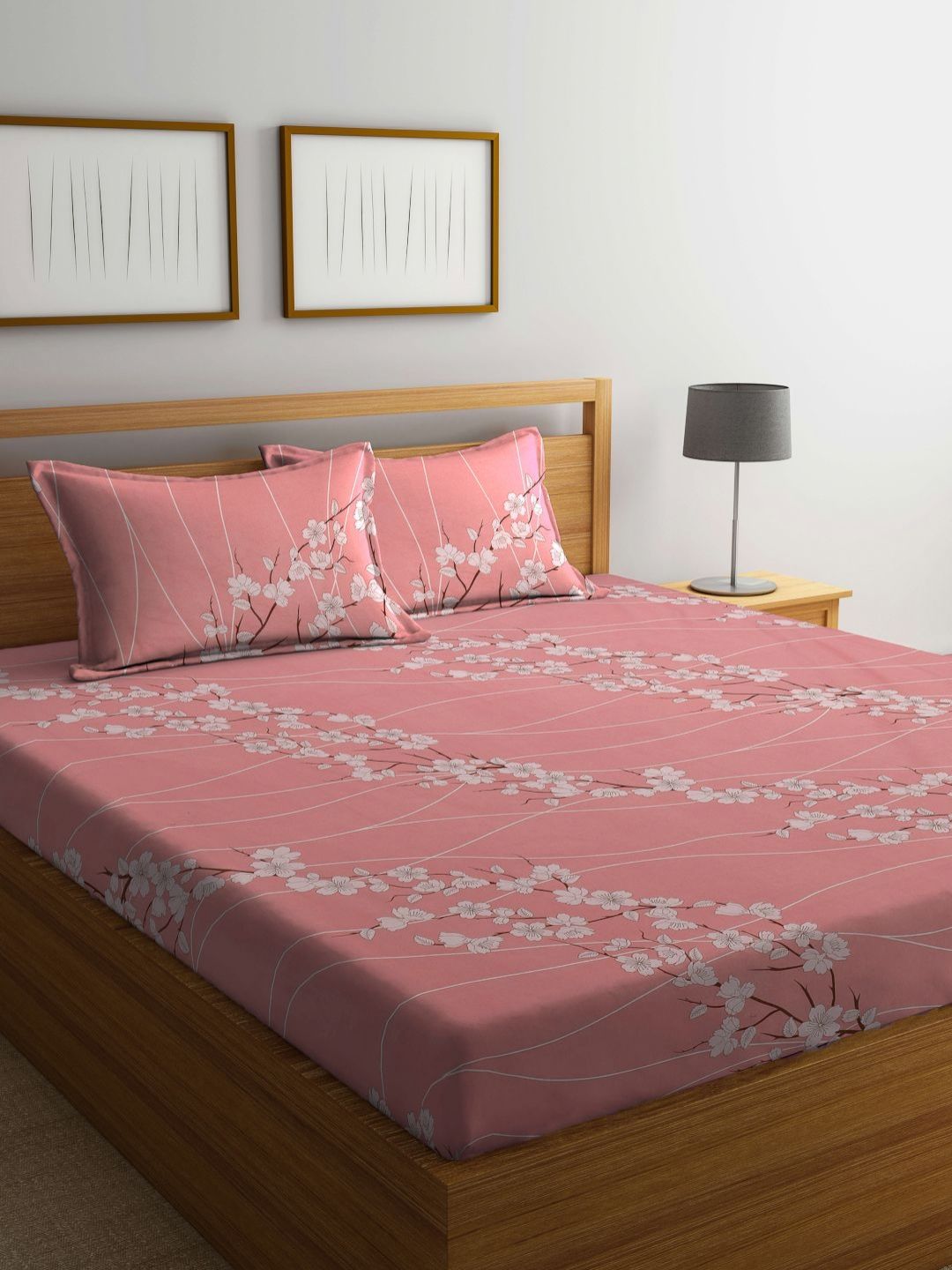 Myntra Elegant Homes Peach & Cream Floral Printed Flat 400 TC Cotton King Bedsheet with 2 Pillow Covers