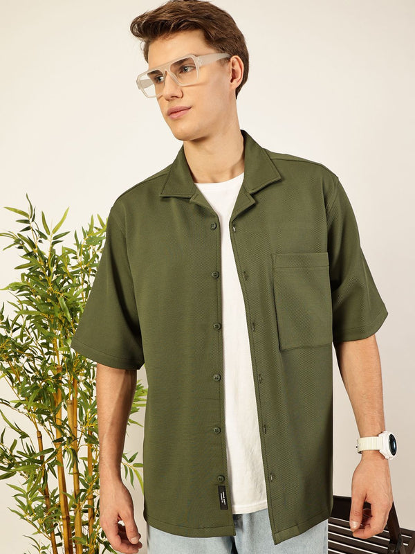 Thomas Scott Men Premium Cuban Collar Textured Cotton Casual Shirt