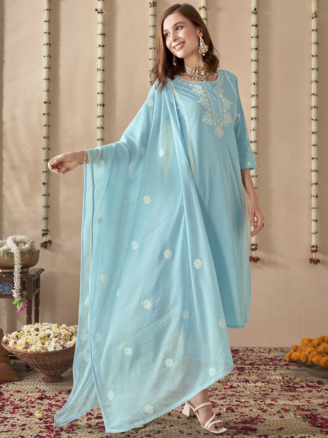 Anouk Embroidered Regular Thread Work Pure Cotton Straight Kurta With Trousers & Dupatta