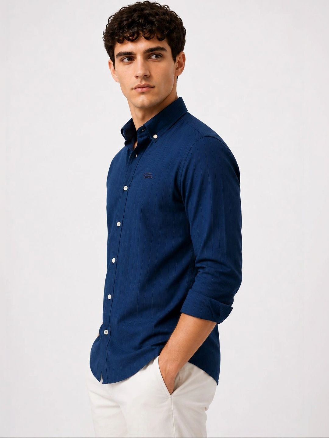 ADRO Men Navy Blue Striped Regular Fit Casual Cotton Shirt