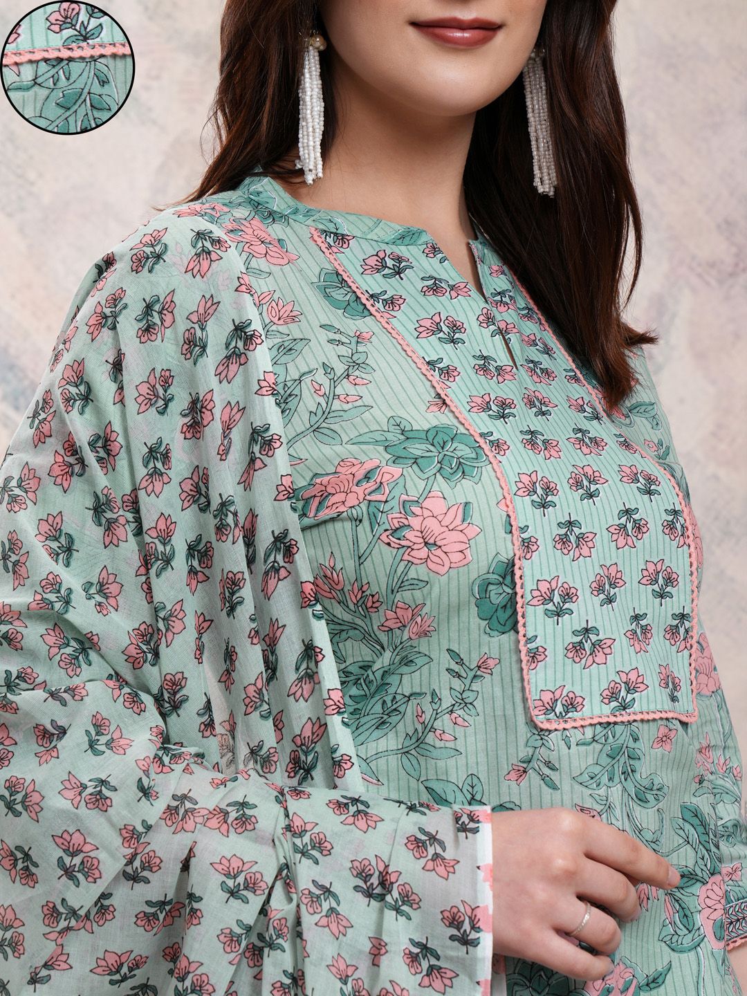 Vishudh Floral Printed Pure Cotton Kurta With Trousers & Dupatta