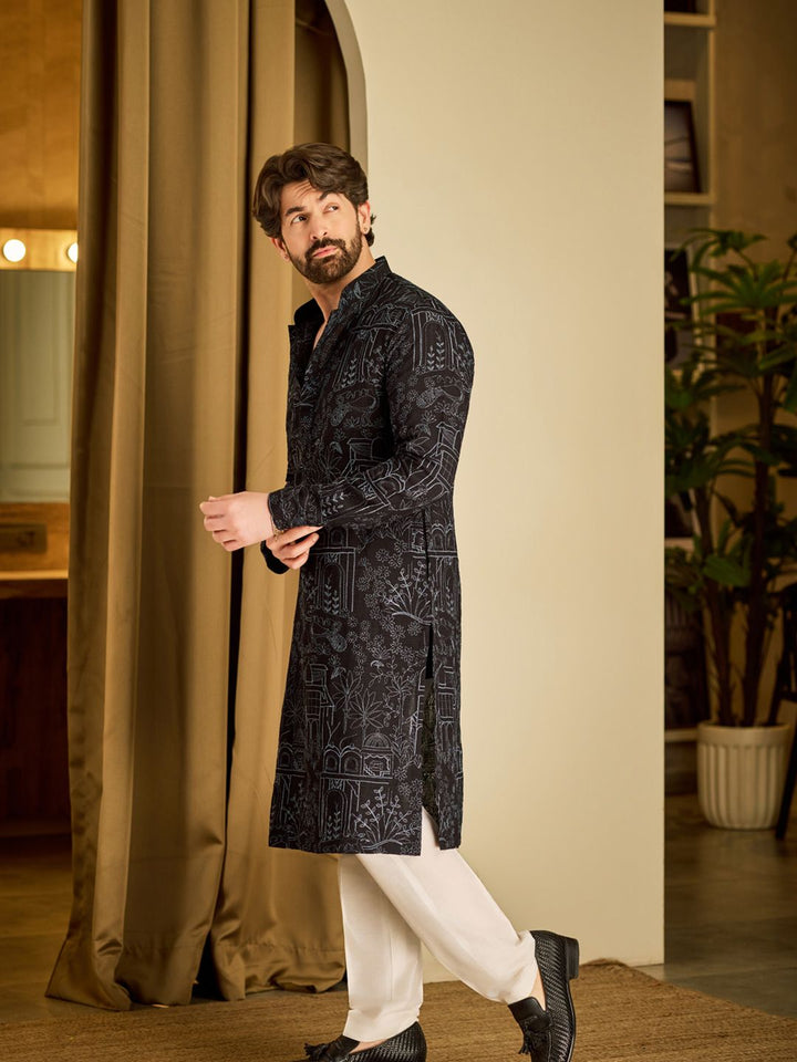 SOJANYA Motif Etnik Bersulam Benang Kolar Mandarin Bekerja Kurta Lurus