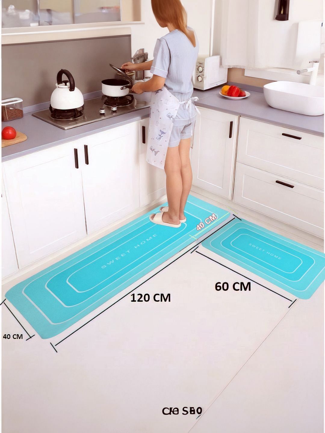Cortina Blue 2 Pieces Printed Rectangular Anti-Skid Kitchen Mats