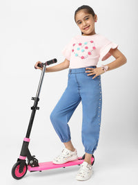 Nauti Nati  Girls Cotton Denim Jogger Jeans with Pearl Sequins - Skinny Fit