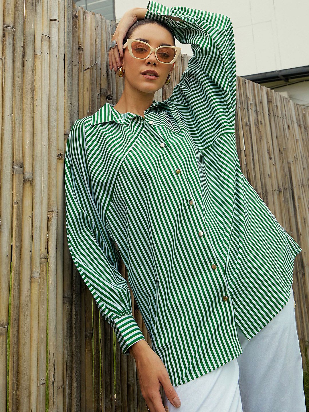Pink Paprika by SASSAFRAS Women Vertical Striped Cotton Oversized Casual Shirt
