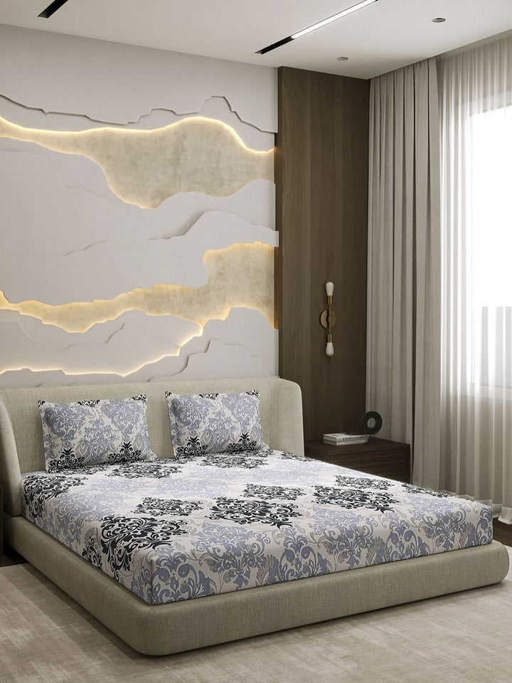 Monte Carlo Grey & White Printed Cotton 104 TC Queen Bedsheet Set 2.24 m x 2.54 m
