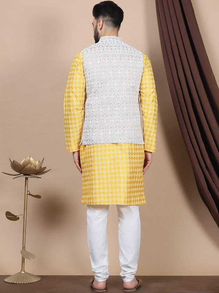 Anouk Floral Printed Regular Straight Kurta With Churidar & Nehru Jacket