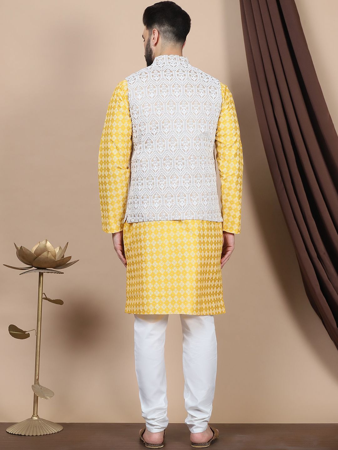 Anouk Floral Printed Regular Straight Kurta With Churidar & Nehru Jacket