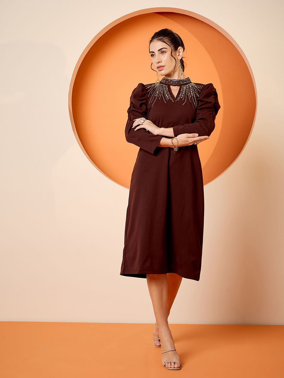 Antheaa Embellished Keyhole Neck A-Line Dress