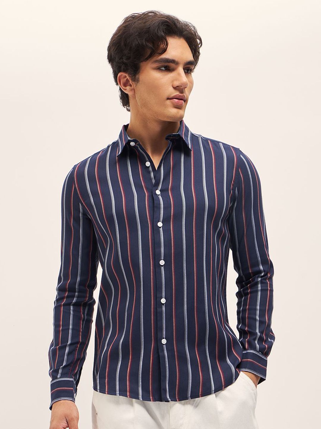 THE BEAR HOUSE Men Spread Collar Multi Striped Cotton Slim Fit Casual Shirt