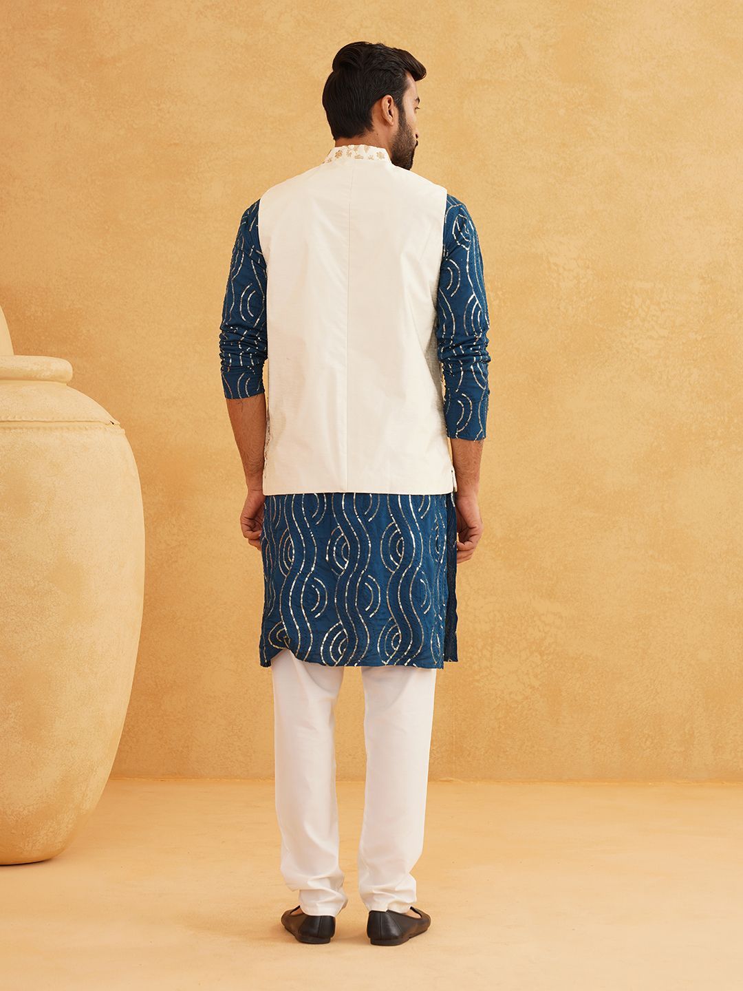 SOJANYA Leheriya Sequinned Band Collar Pure Cotton Kurta With Churidar And Nehru Jacket