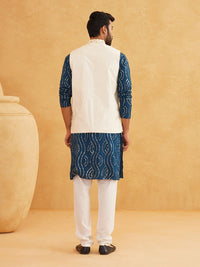 SOJANYA Leheriya Sequinned Band Collar Pure Cotton Kurta With Churidar And Nehru Jacket
