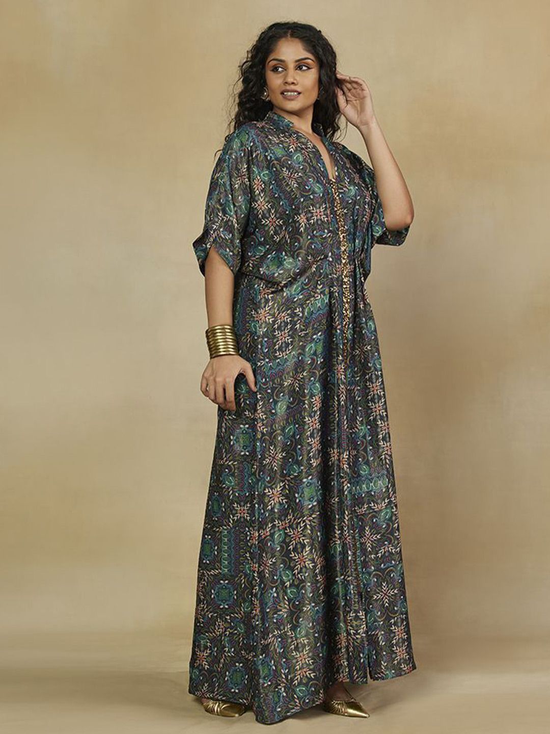 Pakaian Kaftan Elegan Krep Bercetak Bunga Mamicha Wanita