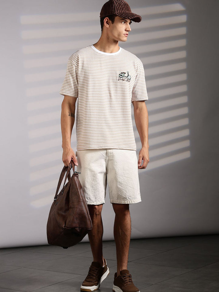 Eszett Drop Shoulder Vintage Ride Cream Striped Embroidered Cotton Round Neck Oversized Fit T-shirt