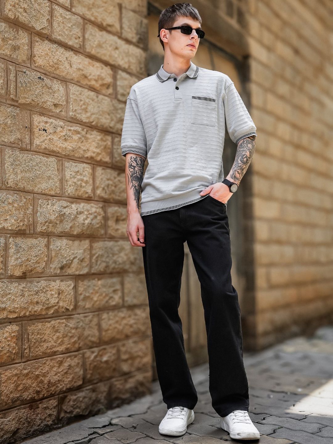 Eszett Fabric Grey Polo Shirt Self Design Textured Cotton Collar Oversized Fit T-shirt
