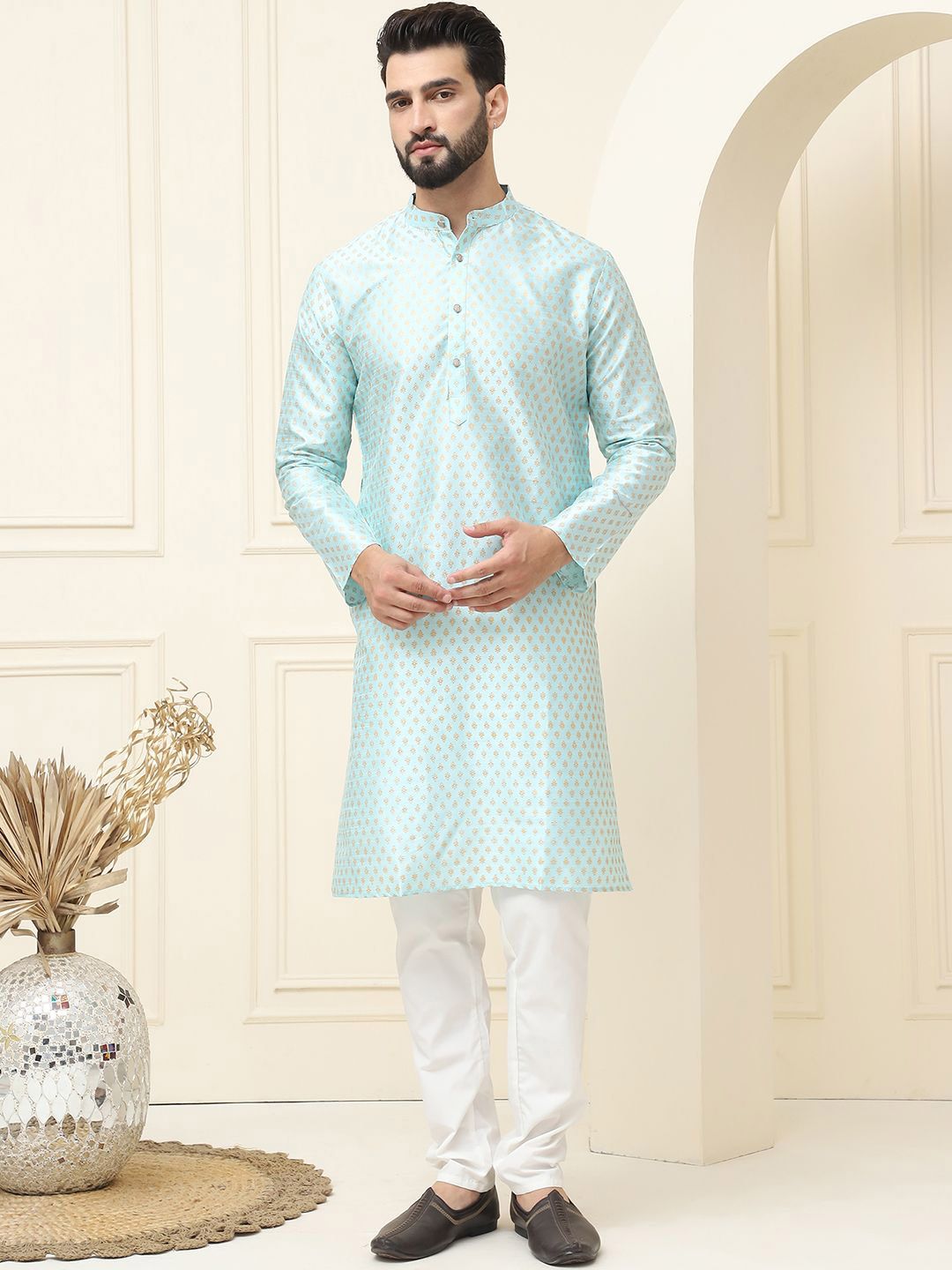 SOJANYA Ethnic Motifs Printed Mandarin Collar Silk Cotton Straight Kurta with Pyjamas