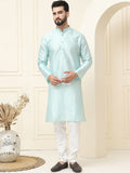 SOJANYA Ethnic Motifs Printed Mandarin Collar Silk Cotton Straight Kurta with Pyjamas