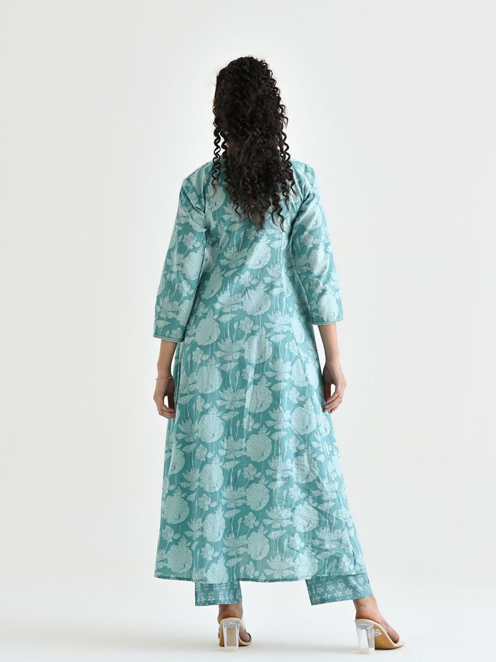 Rustorange Floral Printed Embroidered Neckline Pure Cotton Angarakha Tunic & Trouser