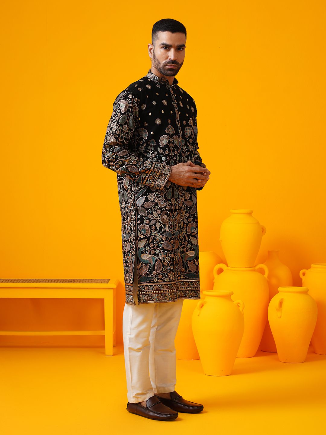SOJANYA LUXE Floral Embroidered Sequinned Mandarin Collar Straight Georgette Kurta
