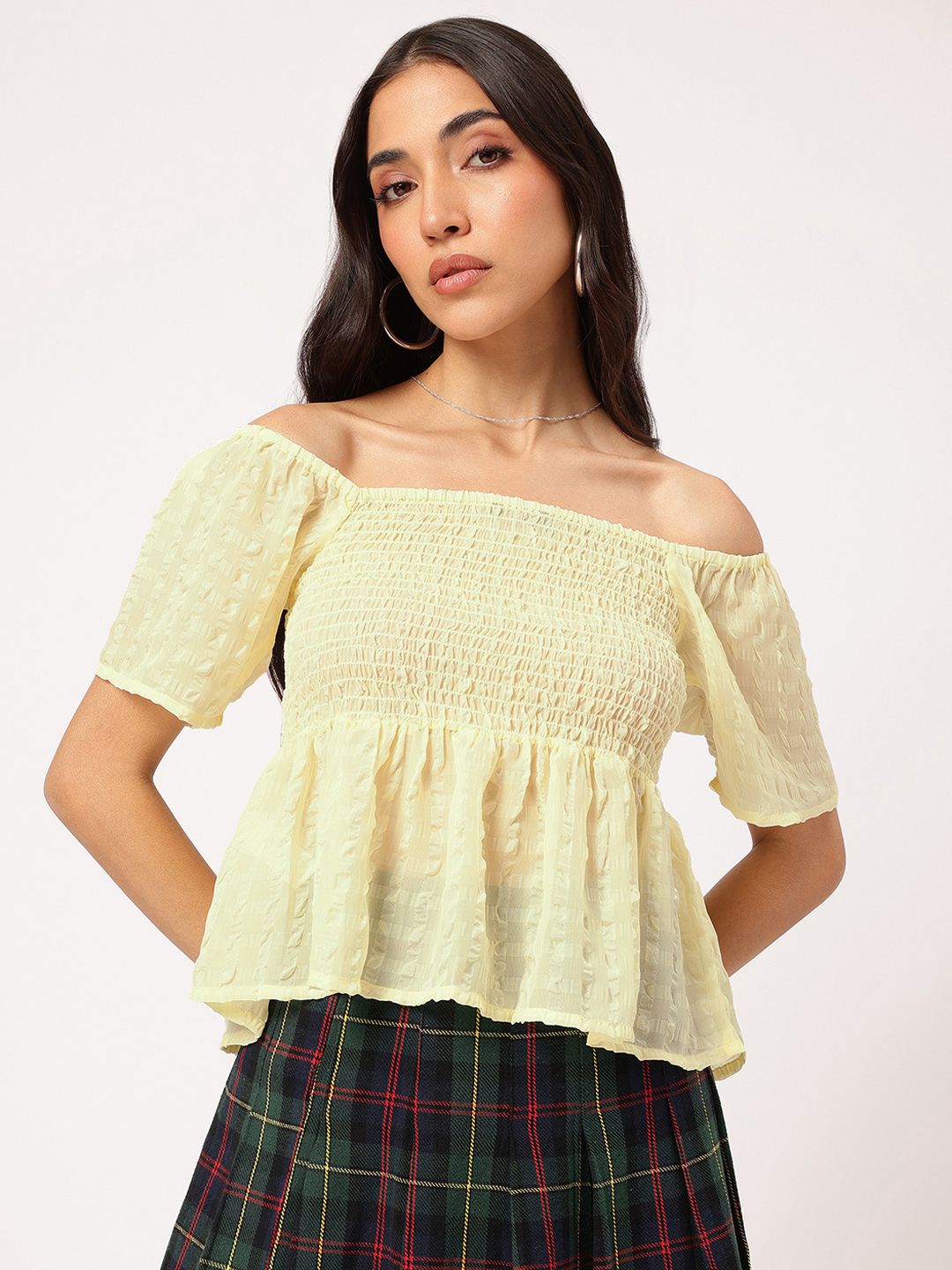 DressBerry Cutesy Couture Off-Shoulder Textured Smocked Top