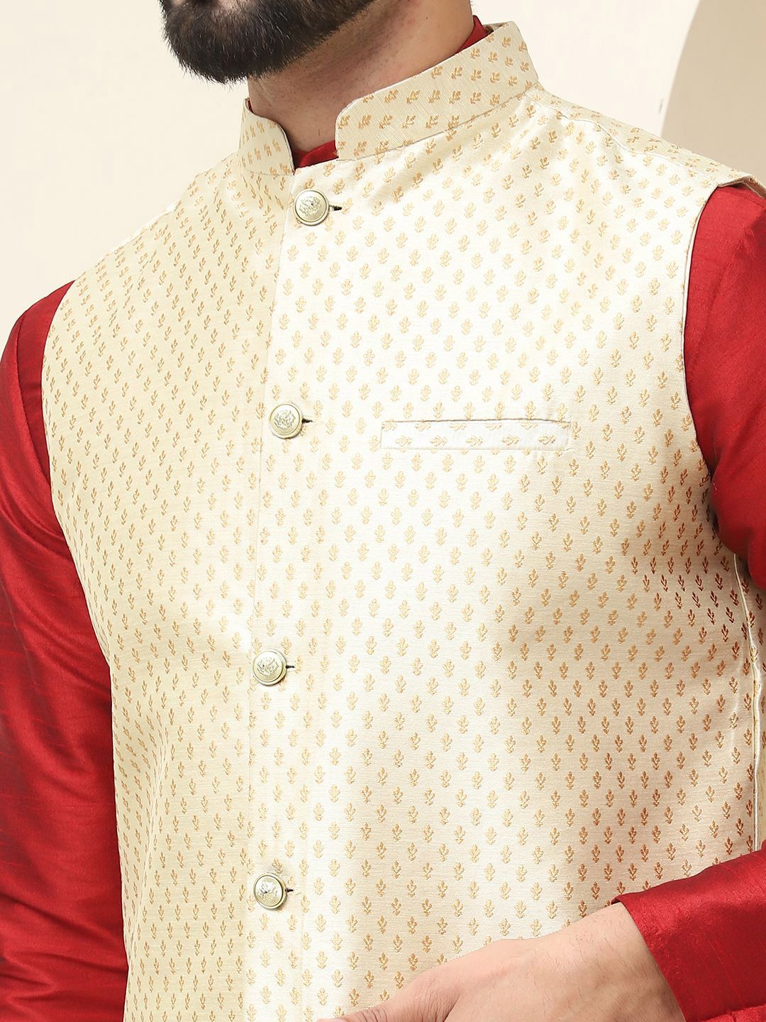 SOJANYA Mandarin Collar Zari Silk Cotton Straight Kurta with Pyjamas & Nehru jacket