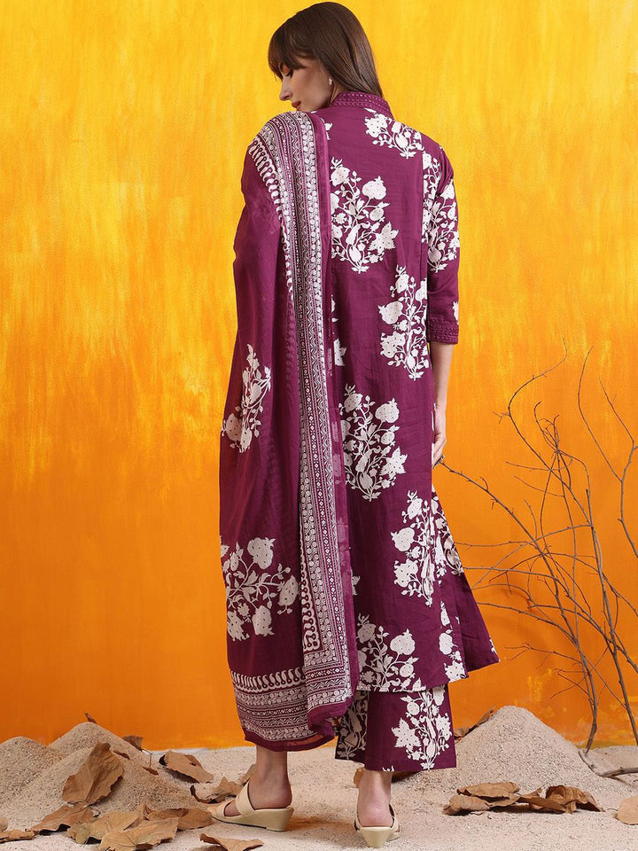 KALINI Floral Printed Pleated V-Neck Sequinned A-Line Kurta With Palazzos And Dupatta