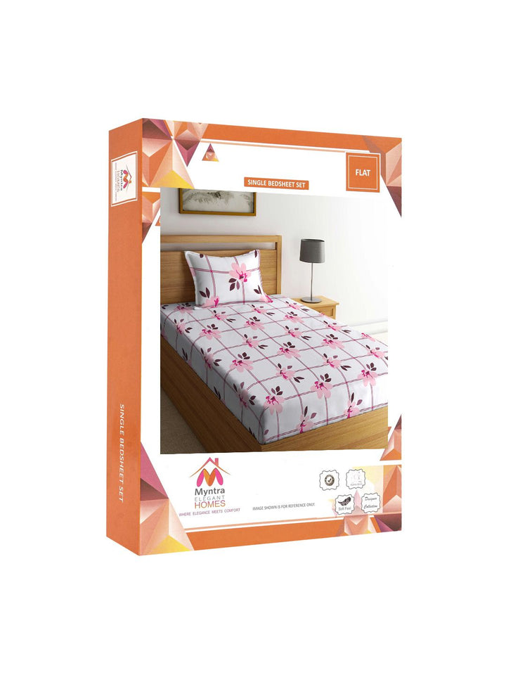Myntra Elegant Homes White & Pink Floral Printed 300 TC Single Bedsheet Set 2.25 m x 1.5 m