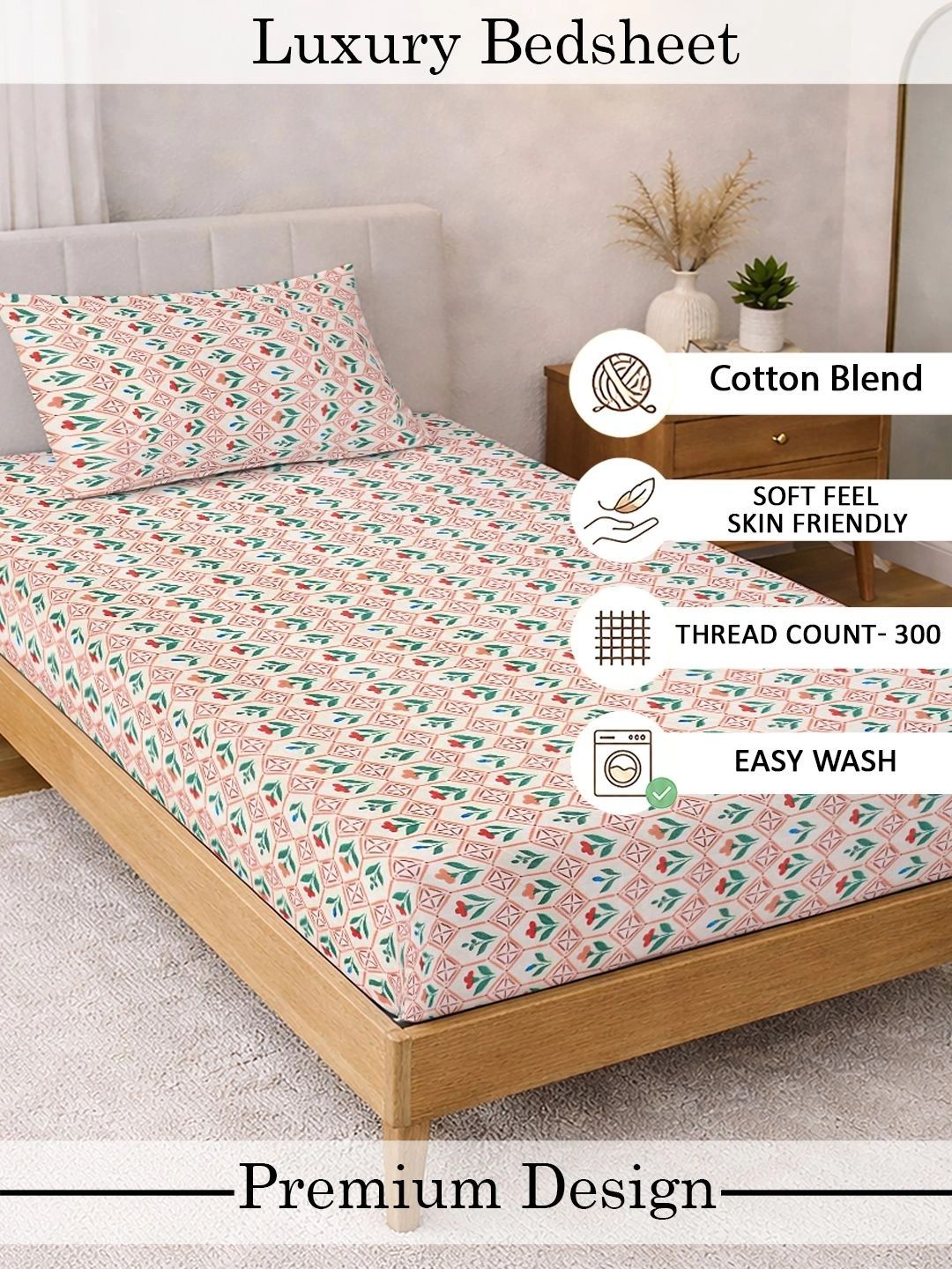 KLOTTHE Cream-Coloured & Pink Floral 300 TC Single Bedsheet with 1 Pillow Covers