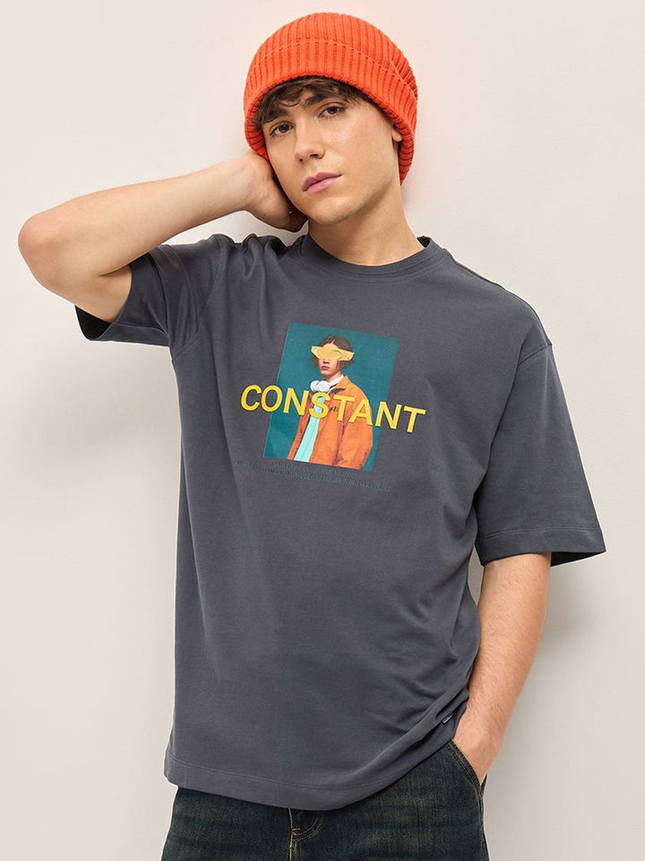THE BEAR HOUSE Typography Printed Drop Shoulder Sleeves Cotton Oversized T-shirt