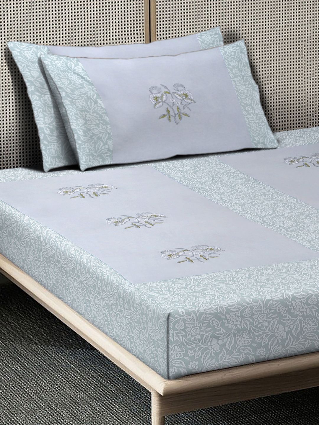 Myntra Elegant Homes Grey Floral 400 TC Single Bedsheet with 1 Pillow Covers