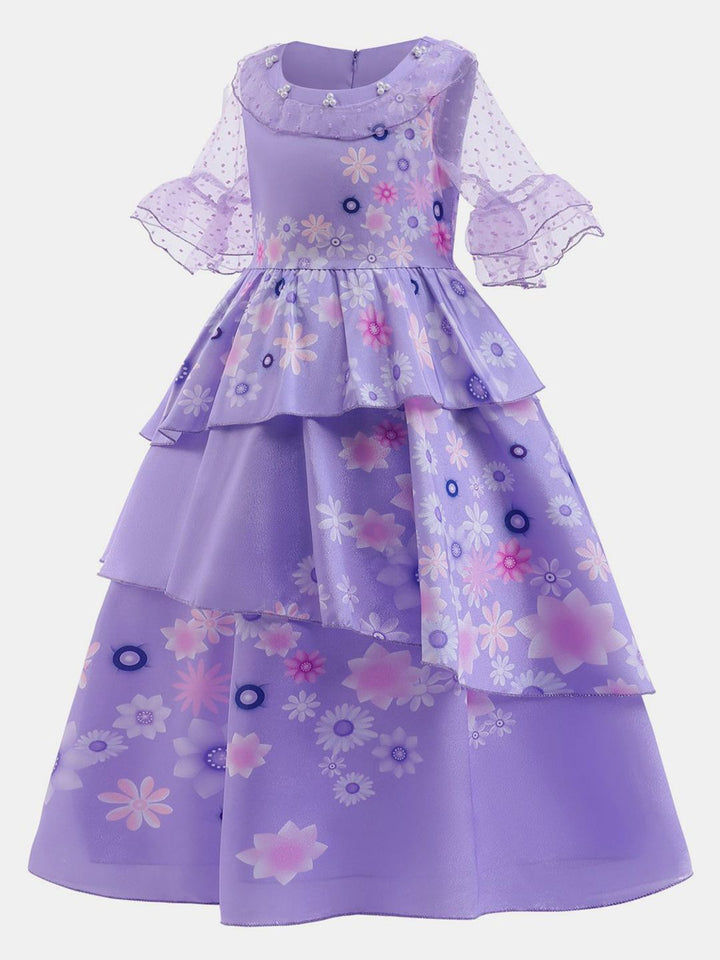 YK Girls Floral Print Bell Sleeves Embellished Layered Fit & Flare Maxi Dress