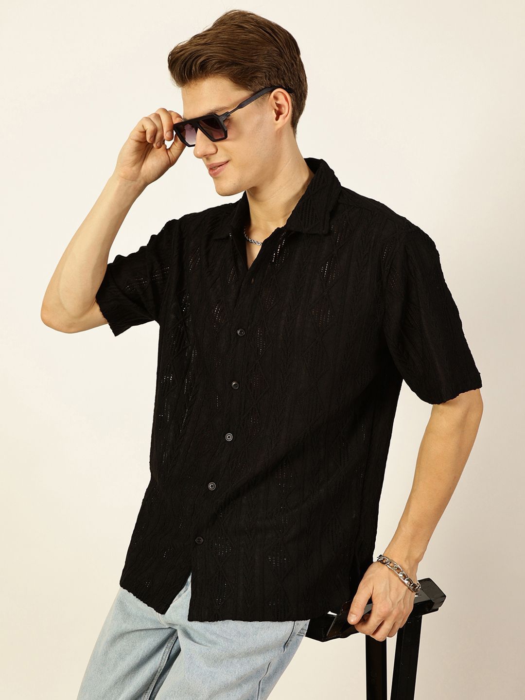 Thomas Scott Men Premium Spread Collar Textured Oversized Casual Shirt